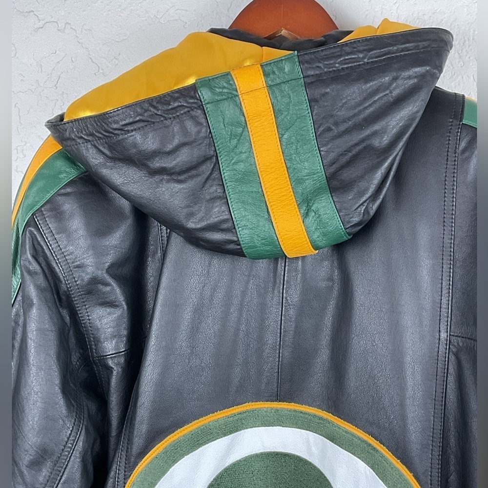 Vintage G-III by Carl Banks Full Zip Hooded Green Bay Packers Leather Jacket - Picture 7 of 14